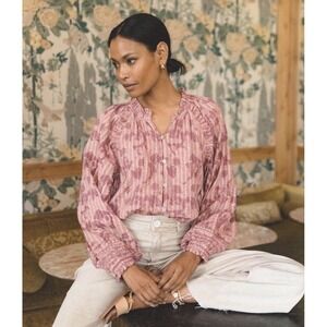 Cleobella Remmy Blouse XS Pink Batik Floral Ruffle Sleeve Button Front Boho Top